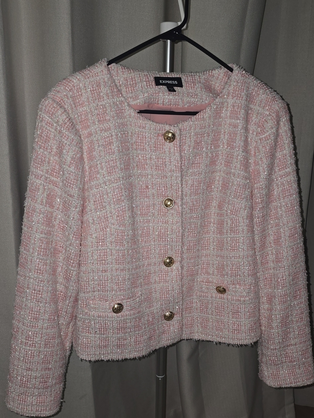 Express Pink Bouclé Gold-Button Cropped Blazer